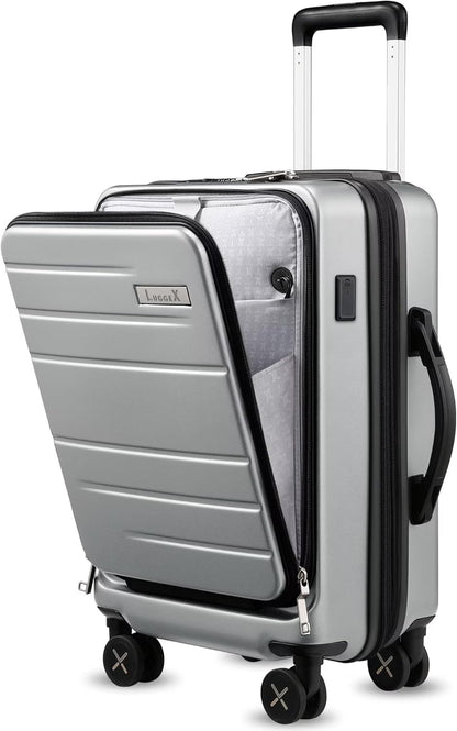 LUGGEX Carry On Luggage 22x14x9 Airline Approved, Polycarbonate Hard Suitcase with Front Pocket (Silver Grey, 20 Inch, 35L)