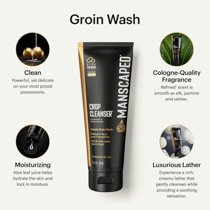 MANSCAPED® Grooming Essentials 3.0 Plus Routine with The Lawn Mower® 3.0 Plus Men's Groin Hair Trimmer, Crop Preserver® Ball Deodorant, Crop Cleanser®, Crop Soother™ Aftershave, Shed 2.0 Toiletry Bag