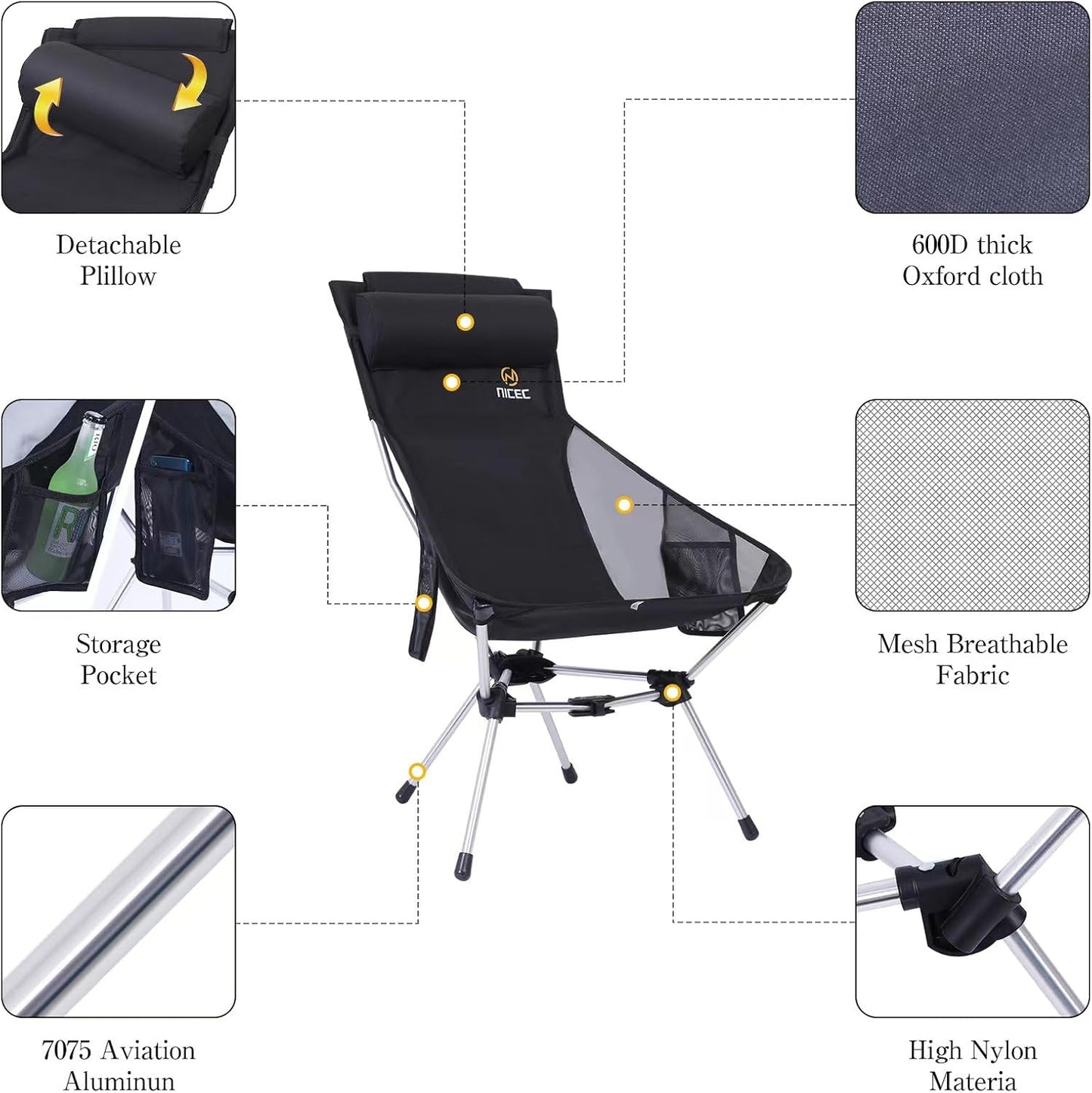 Nice C Ultralight High Back Folding Camping Chair, Backpacking Chair, Compact & Heavy Duty Outdoor, Travel, Picnic, Festival with 2 Side Pockets, Pillow &Carry Bag (Set of 2 Black)