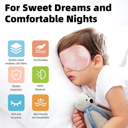 Silk Sleep Eye Mask for Kids, 100% Real Natural Pure Silk Sleeping Masks, Blindfold Sleep Eye Cover with Adjustable Strap, Soft & Lightweight Night Eyeshade for Boys Girls Teens (2 Pack)