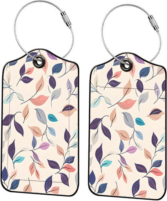 Luggage Tags for Suitcases, 2-Pack PU Leather for Cruise & Travel, Baggage ID Tags with Privacy Cover & Address Card, Durable Metal Ring, Kids Adults Travel Accessories, Pastel Foliage