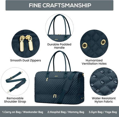 Travel Weekender Bags for Women - Duffle Bag Women with Shoe Compartment Carry On Overnight Bag with Toiletry Bag Duffel Bags with Wet Pocket for Gym Hospital Bags for Labor and Delivery Peacock Blue