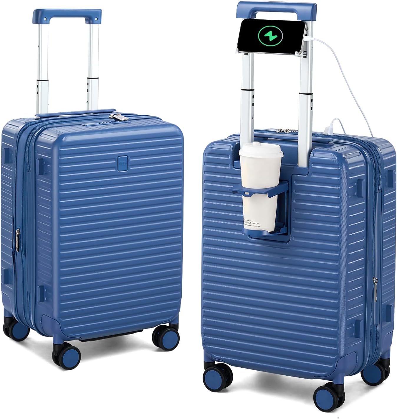 Hard Shell Suitcases 20 Inch Carry on Luggage Airline Approved, Expandable Travel Luggage with Cup Holder Charger Built in Lightweight Small Suitcase with Wheels, Interstellar Blue