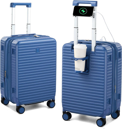 Hard Shell Suitcases 20 Inch Carry on Luggage Airline Approved, Expandable Travel Luggage with Cup Holder Charger Built in Lightweight Small Suitcase with Wheels, Interstellar Blue