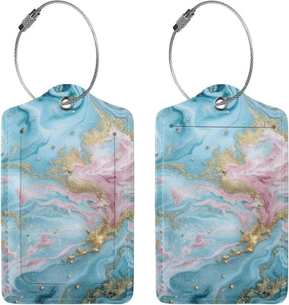 2 Pack Luggage Tag for Suitcase, Cute Unique Leather Suitcase Tags Identifiers with Privacy Name Address Labels & Durable Steel Loop for Women Men Travel