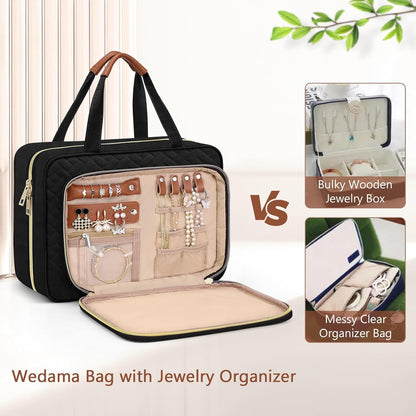 Wedama Toiletry Bag for Women, Hanging Travel Toiletry Bag with Jewelry Organizer Compartment Medium Makeup Bag, PVC Waterproof Cosmetic Travel Bag Trips Camping Bathroom, Black+Brown