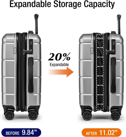 KYME Hardside Expandable Carry On Luggage 22x14x9 Airline Approved 20 Inch Hardshell Carry On Suitcase with Wheels TSA Lock Small Travel Rolling Luggage with Cup Holder for Women Men Silver