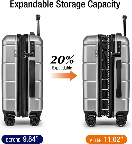 KYME Hardside Expandable Carry On Luggage 22x14x9 Airline Approved 20 Inch Hardshell Carry On Suitcase with Wheels TSA Lock Small Travel Rolling Luggage with Cup Holder for Women Men Silver