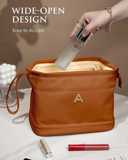 Gifts for Her, Personalized Makeup Bag, Monogrammed Gifts, Initial Double Layer Cosmetic Bag with Makeup Brush Organizer, Travel Toiletry Bag, Gifts for Friends Female Mom, Teen Girl Gifts