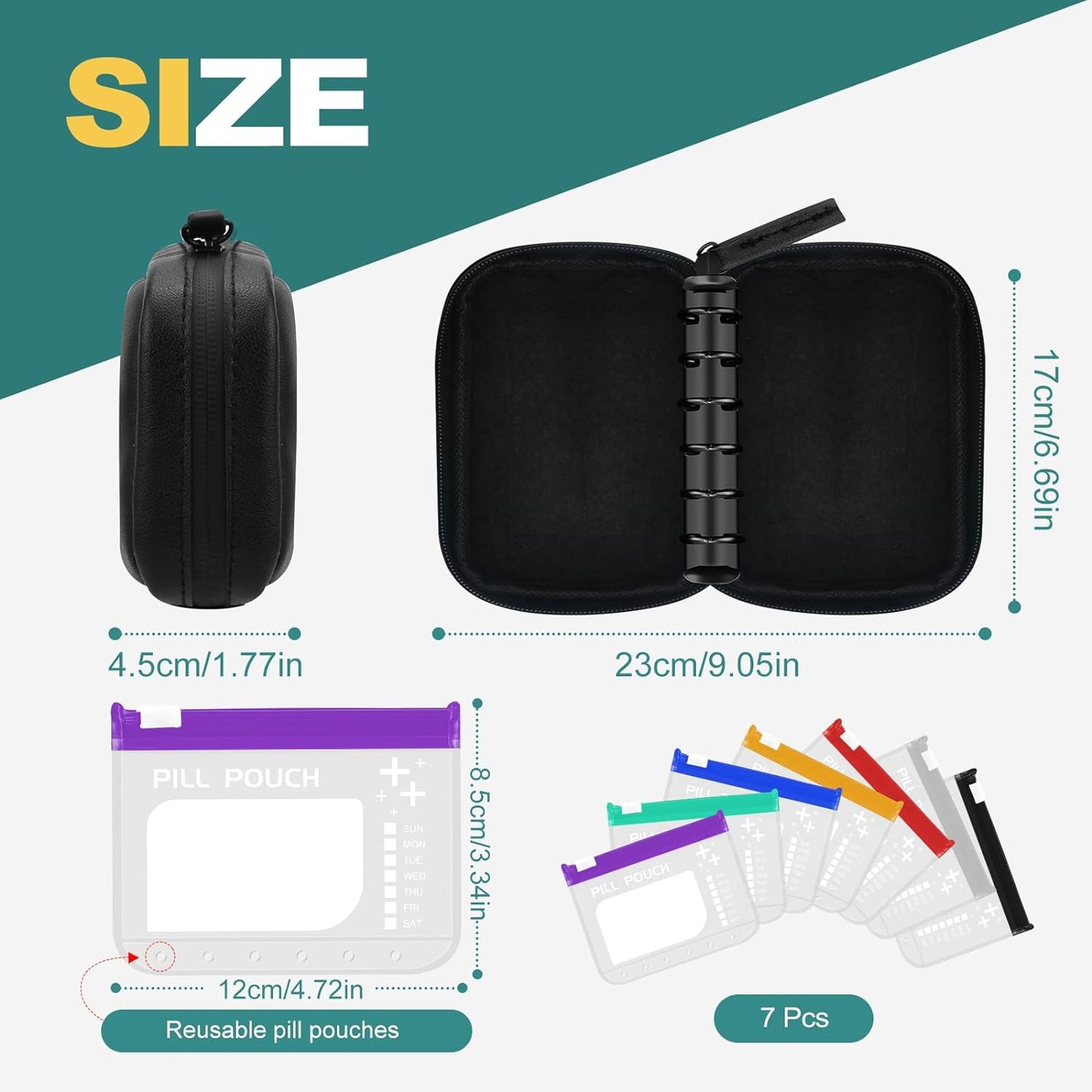 A7-L Water-Proof Pill Pouch Set， Large Pill Organizer, BPA Free, A7-L Pill Loose-Leaf Storage with Color-Coded Medicine Pouches, Reusable Travel Medicine Organizer， Zippered Pill Organizers Weekly