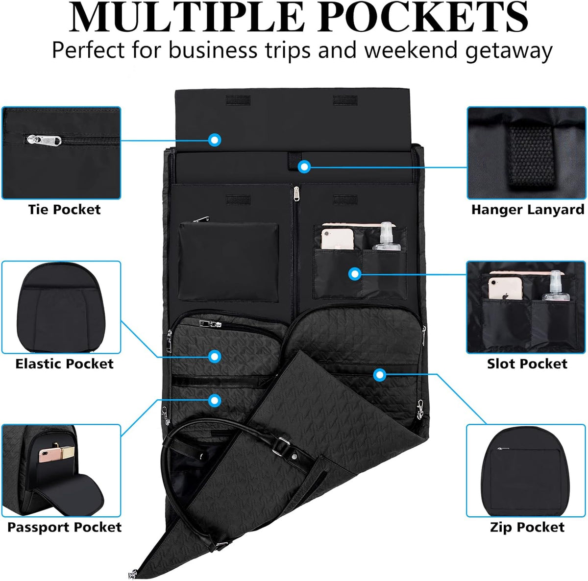 Garment Bag for Travel With Toiletry Bag Convertible Carry On Weekender Bag Large Travel Duffel Bags for Women 2 in 1 Hanging Suitcase Suit Travel Bags for Women & Men 3pcs Set (G-Black)