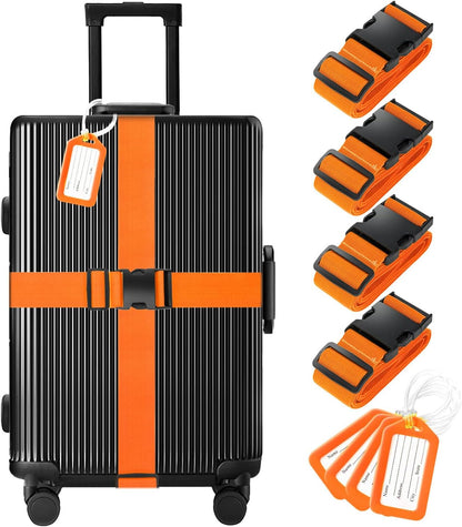 8 Pack Luggage Straps and Tags Set (4 Straps, 4 Tags), Luggage Straps for Suitcases TSA Approved Suitcase Belt Luggage Tags, Orange