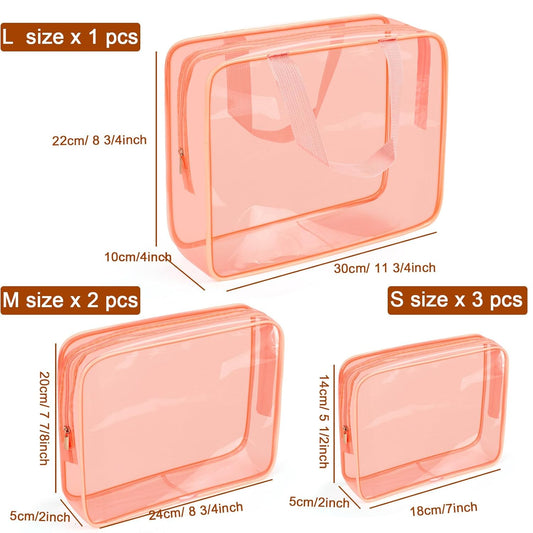 APREUTY Clear Makeup Bags, TSA Approved 6 Pcs Cosmetic Makeup Bags Set Clear PVC with Zipper Handle Portable Travel Luggage Pouch Airport Airline Vacation Organization (Peach)