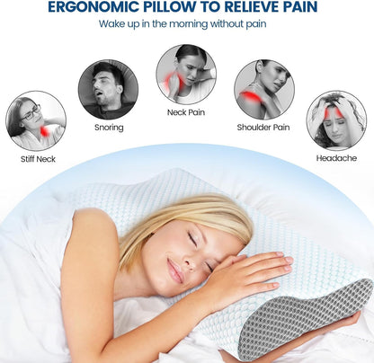 Memory Foam Pillows Neck Pillow Bed Pillow for Sleeping, Ergonomic Cervical Pillow for Neck and Shoulder Pain Relief,Orthopedic Contour Pillow for Side Back Stomach Sleeper(Blue&Grey)