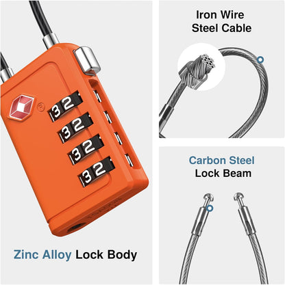 Puroma TSA Approved Luggage Travel Locks with Open Alert Indicator, 4 Digit Combination Resettable Code Zinc Alloy Lock for Suitcase, Backpack, Bag, Toolbox, Locker (2 Pack, Orange)