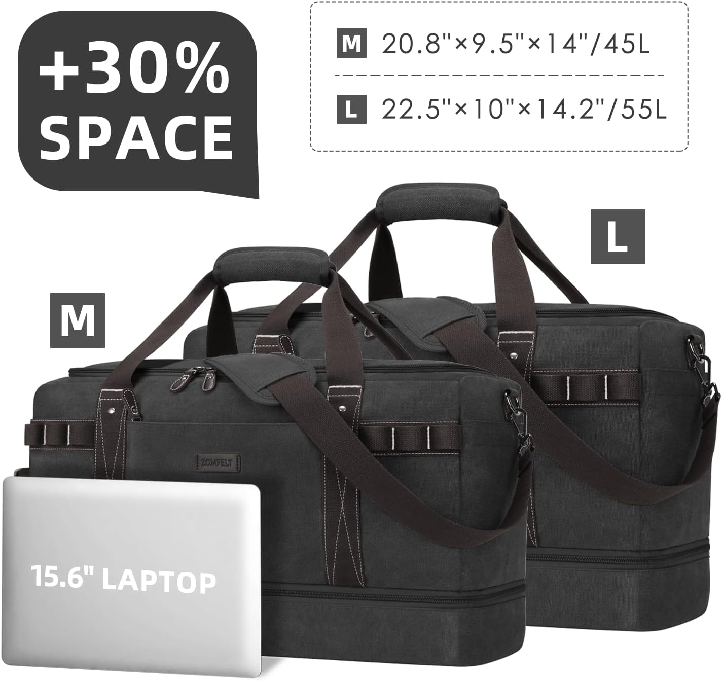 ZOMFELT Travel Duffle Bag for Men, Waterproof Canvas Overnight Duffel Bag with Removable Dividers & Shoe Compartment, Carry On Weekender Gym bag, Multi-Pocket & Vintage Design (Washed Black)