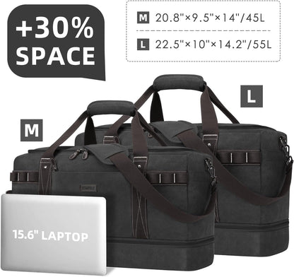 ZOMFELT Travel Duffle Bag for Men, Waterproof Canvas Overnight Duffel Bag with Removable Dividers & Shoe Compartment, Carry On Weekender Gym bag, Multi-Pocket & Vintage Design (Washed Black)