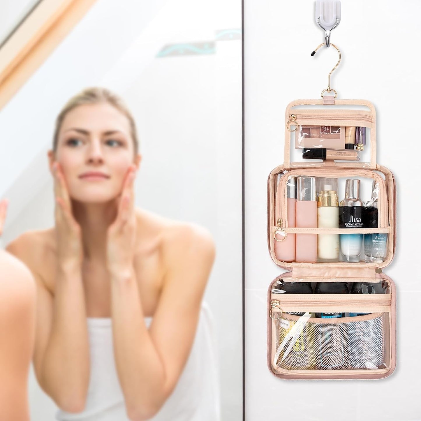 Clear Cosmetic Bags, Hanging Toiletry Bag for Travelling, Transparent Makeup Organizer Case, Water-resistant Portable Skncare Storage Pouch with Handle, Travel Must Haves