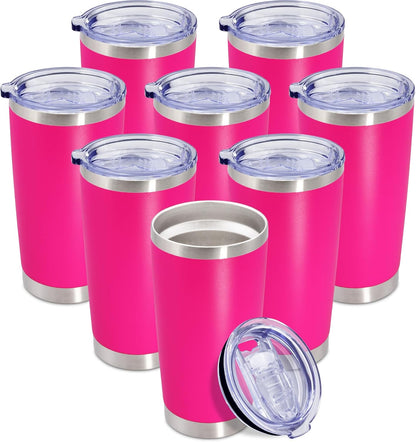 20 oz Tumbler Coffee Tavel Tumblers Bulk with Lid Stainless Steel Double Wall Vacuum Insulated Mug Powder Coated Cups fit Car Cupholder for Hot and Cold - Hot Pink, 8Pack