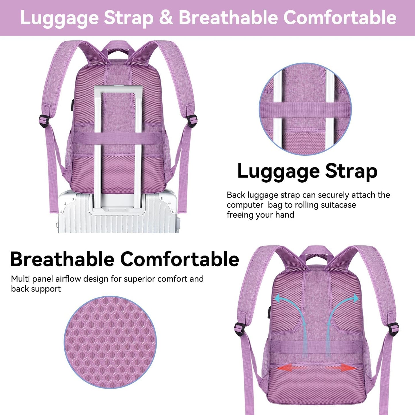 Voova Travel Laptop Backpack, Business Work Laptop Backpack for Women & Men with USB Charging Port, Waterproof Slim Durable College Computer Bag Fits 15.6 Inch Laptops and Notebook, Purple