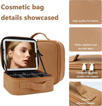 Travel Makeup Bag for Women and Makeup Artists Cosmetic Organizer Large Makeup Case,Travel Makeup Bag with Mirror 3 Color Setting,Portable Storage and Adjustable Dividers(brown)