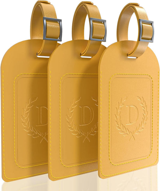 FESAS 3 Pack A-Z Alphabet Luggage Tags - Faux Leather Suitcase Tags with Privacy Cover & Replaceable Card - Initial Letter Monogram for Bags (Yellow)