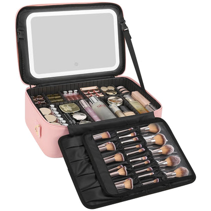 Relavel Makeup Bag with LED Mirror, 16.2 inches Large Professional Makeup Case for Makeup Artists, Travel Portable Cosmetic Organizer Storage Box, Vanity Case with 3 Colors Lighted Mirror, Pink