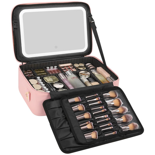 Relavel Makeup Bag with LED Mirror, 16.2 inches Large Professional Makeup Case for Makeup Artists, Travel Portable Cosmetic Organizer Storage Box, Vanity Case with 3 Colors Lighted Mirror, Pink