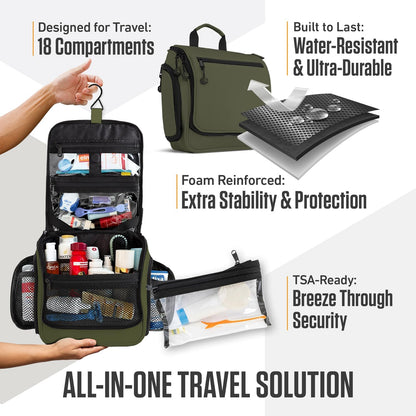 VENTURE 4TH Hanging Travel Toiletry Bag for Women & Men - Travel Organizer with Expandable Compartments & Removable Clear Pouch for Toiletries (Dark Green)