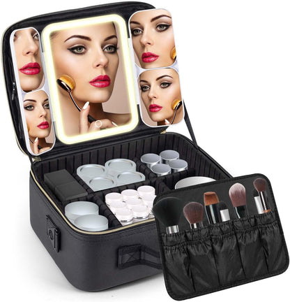 Mid-Size Makeup Bag with LED 1X5X10X20X30X Magnifying Mirror and Travel Makeup Train Case Cosmetic Organiser with Mirror and Separate Makeup Brush Panel, Portable Adjustable Divider, Black