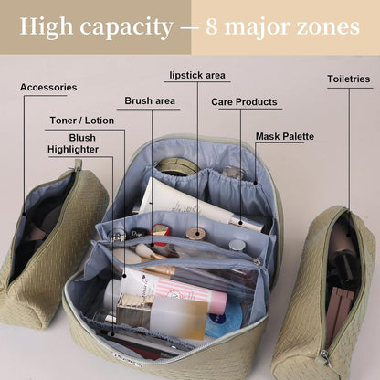 BOYATU Travel Makeup Bags for Women: Large Cosmetic Bag with Compartments - Vegan Leather Make up Bag Set of 3 - Protable Toiletry Organizer (L07 Apricot)