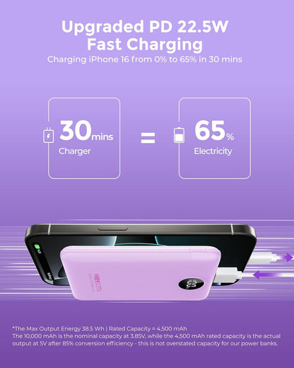 VEEKTOMX Small Portable Charger, Mini Power Bank 10000mAh, PD 22.5W Fast Charging USB-C Battery Bank, Travel Essentials Dual Voltage External Portable Powerbank for iPhone/Samsung/Google Pixel, Purple