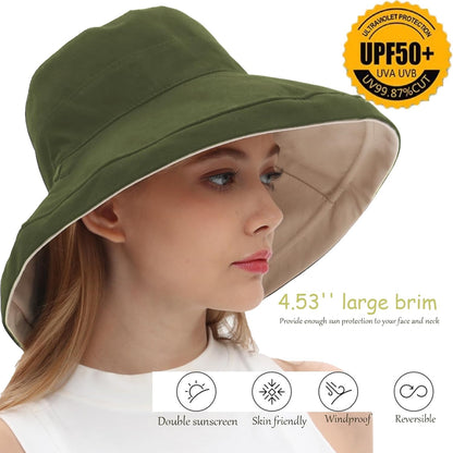 vidsel Womens Sun Hats Wide Brim Reversible Bucket Cotton Hat Packable Summer Travel Cap with Hat Clip,UV Protection
