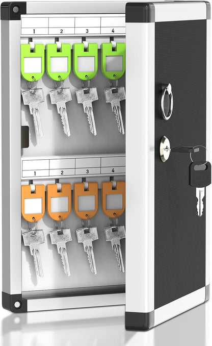 24 Slots Lock Box for Keys Wall Mount, Locking Key Cabinet, Key Storage Box with Key Hooks & Tags & Lables, 8.45" x 2.55" x 13" (Black-Key Lock, 24 Keys)