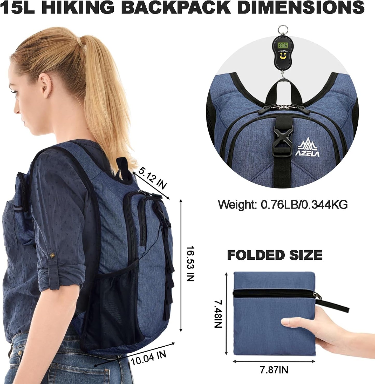 Seektop 15L Small Hiking Backpack for Women Men, Lightweight Hiking Packable Daypack with Phone Pocket for Travel Camping (Dark Blue)