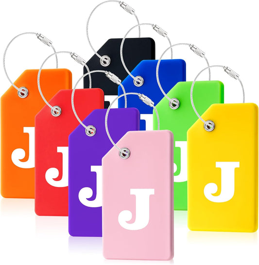 8 Pcs Luggage Tags for Suitcases, 26 Initial Letter Travel Luggage Baggage Identification Labels ID Tags Fully Bendable Tags with Stainless Steel Loop (Letter J, Colorful)