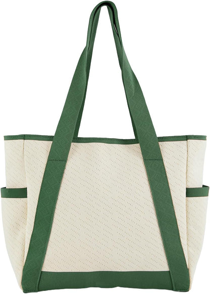 Large Canvas Tote Bag,White and Green, with Laptop Sleeve and Multiple Pockets