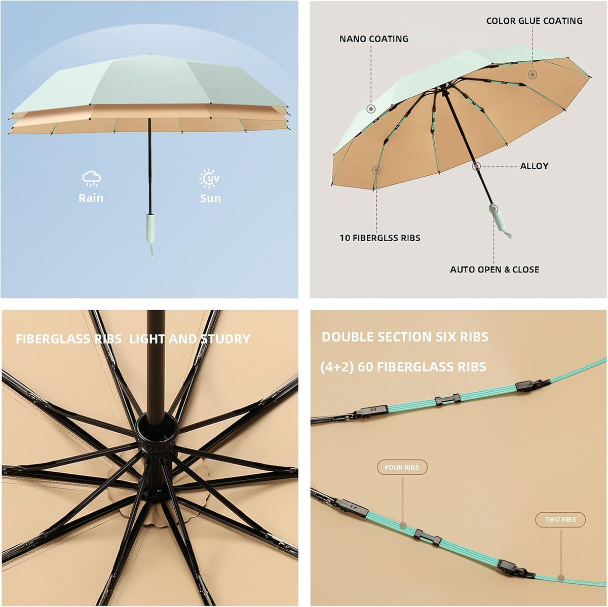 Folding Umbrella Anti-UV Compact Durable Folding Umbrella Auto Open Close Windproof Travel Umbrella Premium Grip Fits Backpack