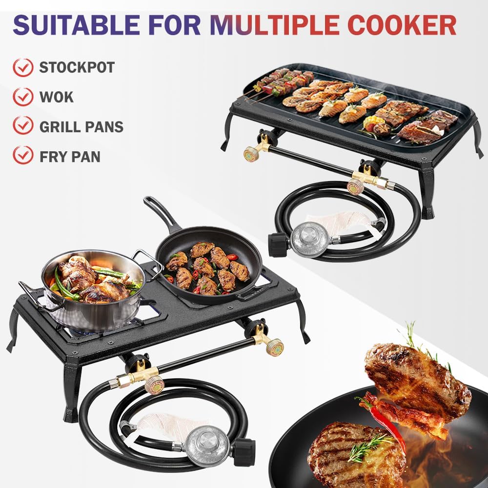 Vivicreate Cast Iron Propane Gas Stove Double Burner Heavy Duty Portable Removable Outdoor Cooker 200LB Support High Heat for Camping BBQ Fogon de Gas Estufa de Gas Portatil Parrillas de Gas