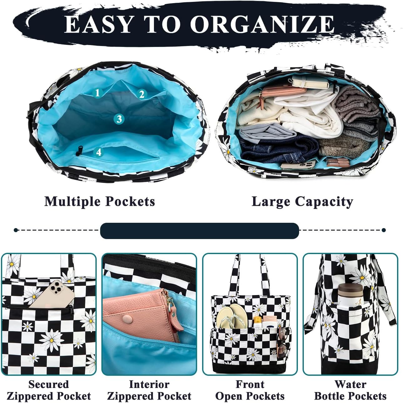 VASCHY Beach Bag for Women, Large Waterproof Sandproof Fold-able Packable Pool Tote Bag w Zipper/Pockets