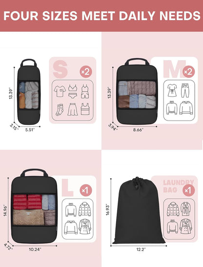 6 PCS Set Compression Packing Cubes for Travel, Lightweight Packing Organizer Bags Travel Essentials for Carry On, Suitcase, Home Closet - Black