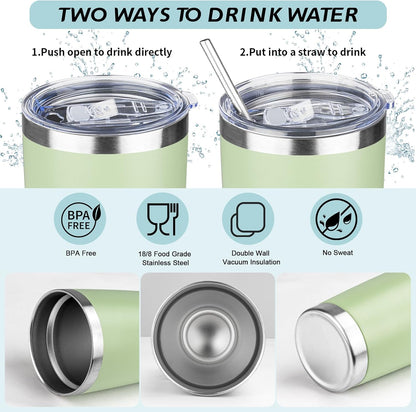 20oz Tumbler with Straw and Brush, Stainless Steel Vacuum Insulated tumbler, Double Wall Insulated Coffee Tumbler for Outdoor, Home, Travel,Office (Matcha Green,1pcs)