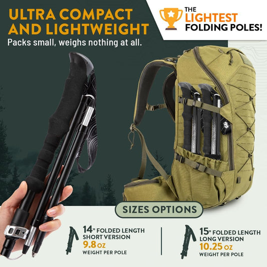 Premium Foldable Hiking Poles by USA Brand - Adjustable, Lightweight Trekking Poles Made of Aircraft Aluminum, Metal Flip Locks & Comfortable Real Cork and EVA Foam Grips