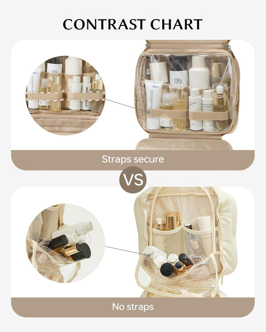 EACHY Hanging Toiletry Bag, Satin 4 Compartments Travel Toiletry Bags for Women, Large Capacity Make Up Organizer Bag with Handle & Compartments (Camel, L)