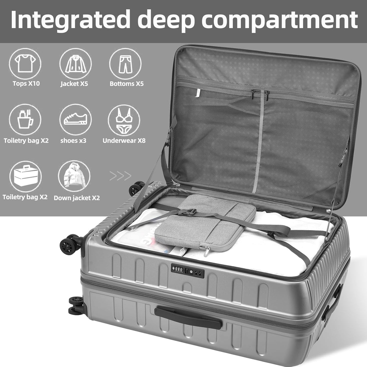 29 Inch Luggage with Expansion & Side Opening Design, 50 * 31(35)*76cm, 117L~133L Ligthweight ABS+PC Hardshell Checked Suitcase, Gray