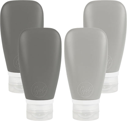 Travel Bottles for Toiletries, TSA Approved 3oz Leak Proof Silicone Soft Refillable Squeeze Travel Size Containers BPA Free for Cleansers, Lotions, Shampoo, Conditioner 4pk (2Black-2Gray)