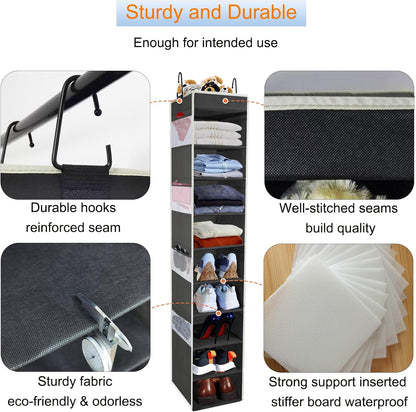 2 Pack Large-Sized Hanging Shoe Organizer 10-Shelf, Sturdy Hanging Closet Organizer with 8 Side Pockets, Wider Hanging Shelves for Storage Shoes Clothes Jeans Shirts Toys, Black