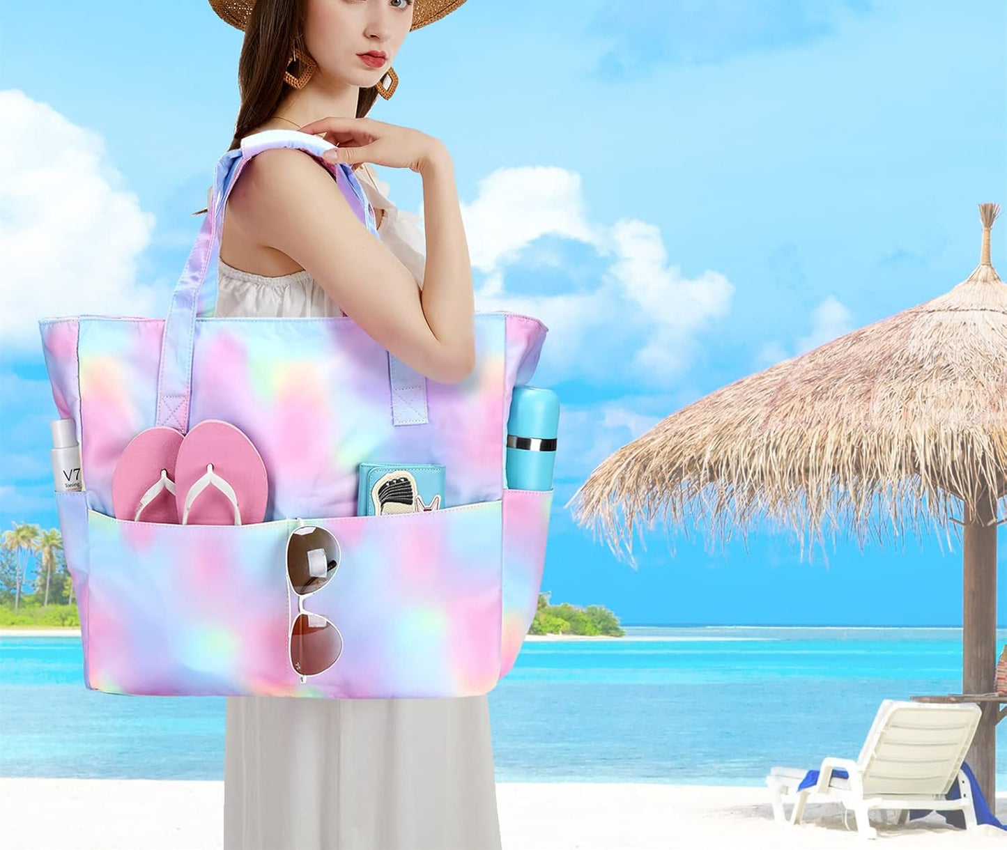 Waterproof Beach Tote Pool Bags for Women Ladies Extra Large Gym Tote Carry On Bag With Wet Compartment for Weekender Travel