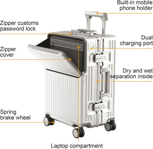 Hard Shell Luggage 20 Inch Travel Luggage, Carry-On Luggage Spinner TSA with Lid, PC+ABS Aluminum Frame，Lightweight Travel Luggage 20'' 24'' 26''Carry-On (upgraded white, 20 inch)