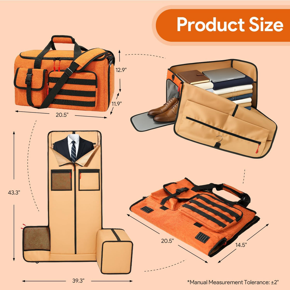 Garment Duffle Bags for Travel, HOMQUIET Convertible Garment Duffel Bag, All YKK Zippers Carry On Garment Bags, 2 in 1 Hanging Waterproof Suit Travel Bag with Shoe Compartment, for Men Women, Brown